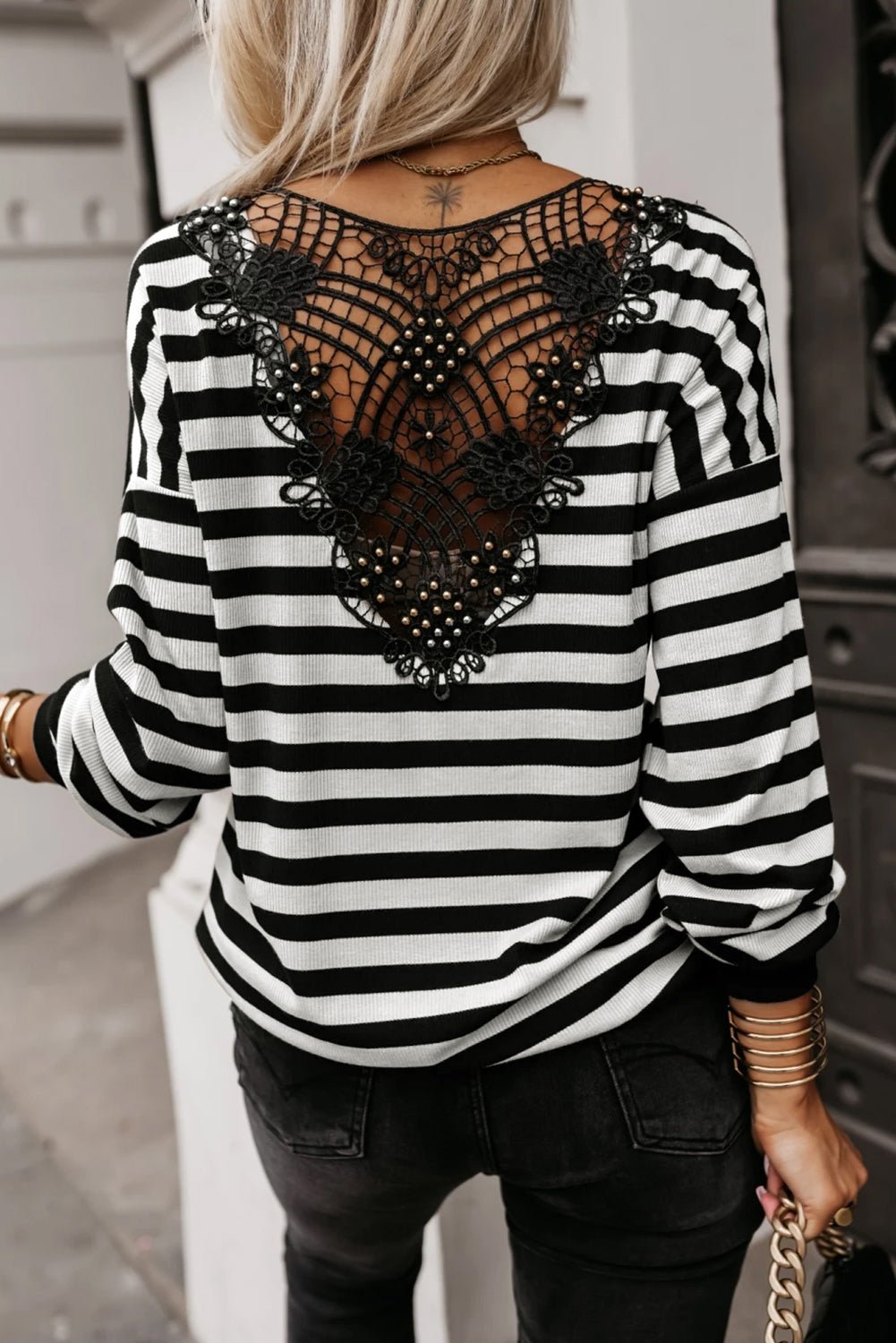 Black Stripe Crochet Hollow - out Back Buttoned Decor V Neck Top - Kenner House Emporium
