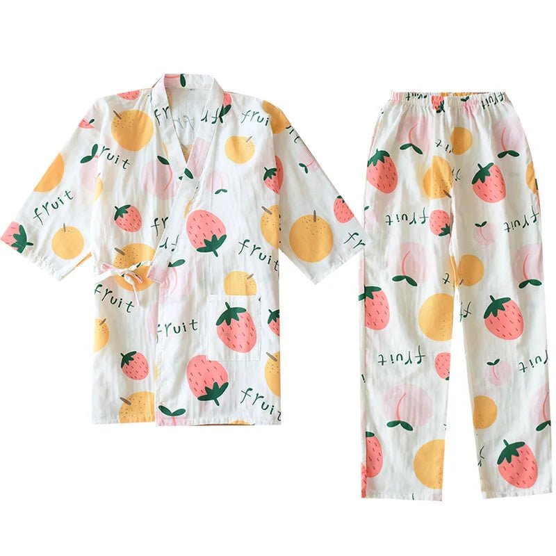 2023 Japanese - style kimono pajamas set seven - sleeve female spring and autumn 100% cotton gauze home clothes cute sweet 2 - piece - Kenner House Emporium
