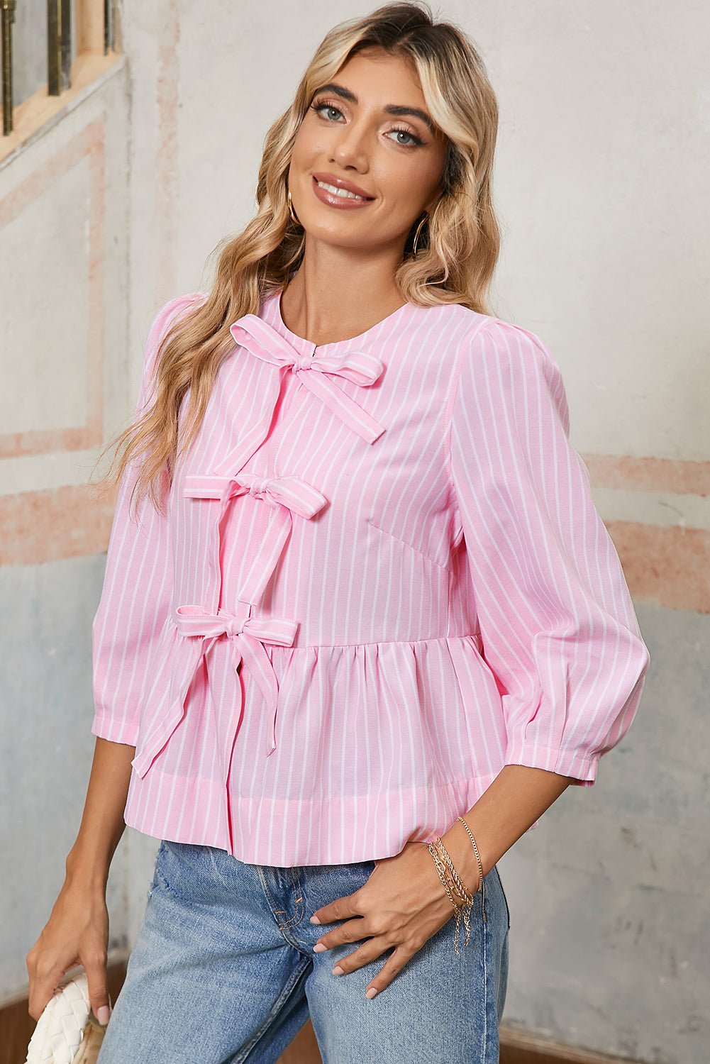 Pink Striped Print Sweet Bow Tie Blouse - Kenner House Emporium