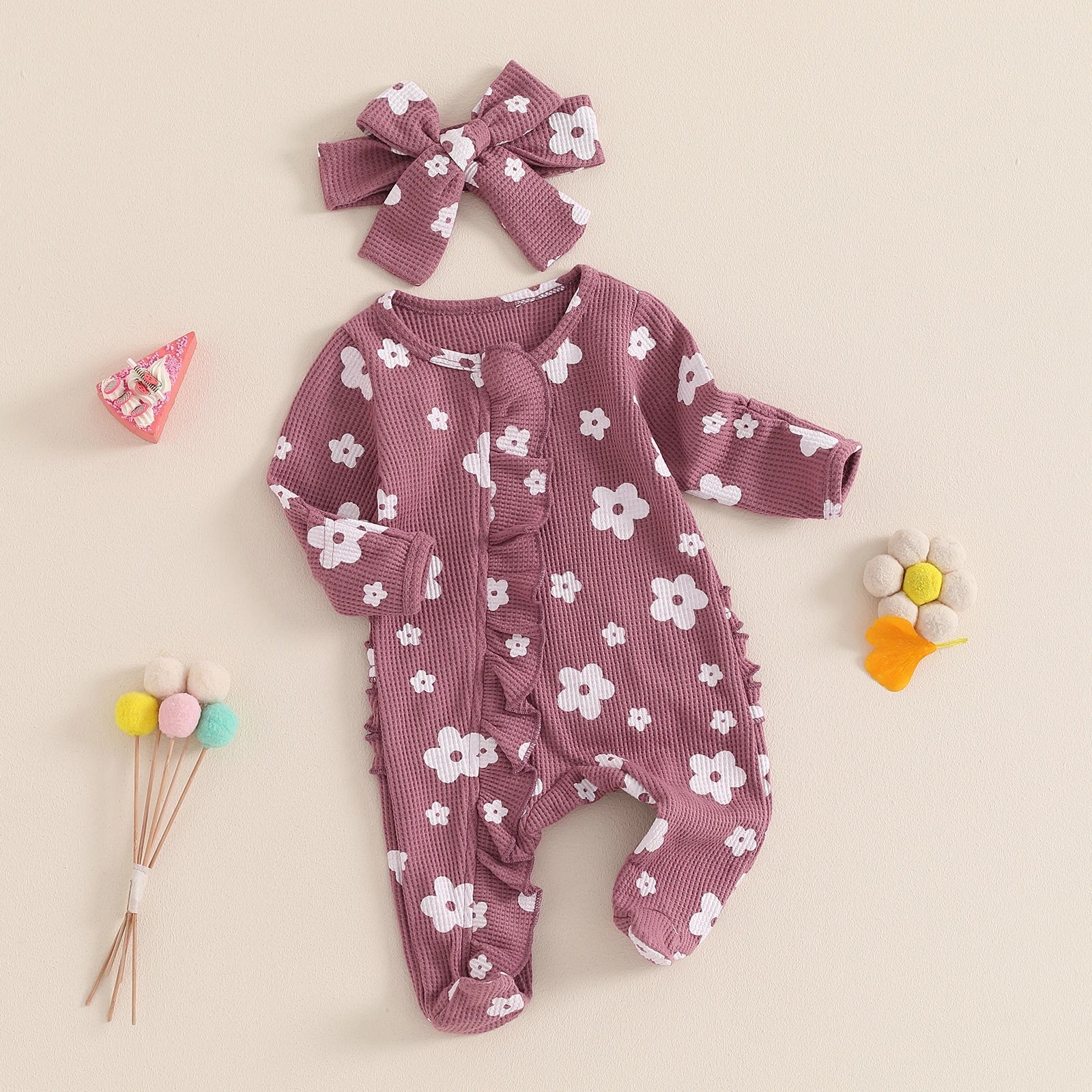 Toddler Baby Girls Floral Footies Jumpsuit and Headband Children Cotton Long Sleeve Frills Zipped Autumn Spring Kids Clothes - Kenner House Emporium