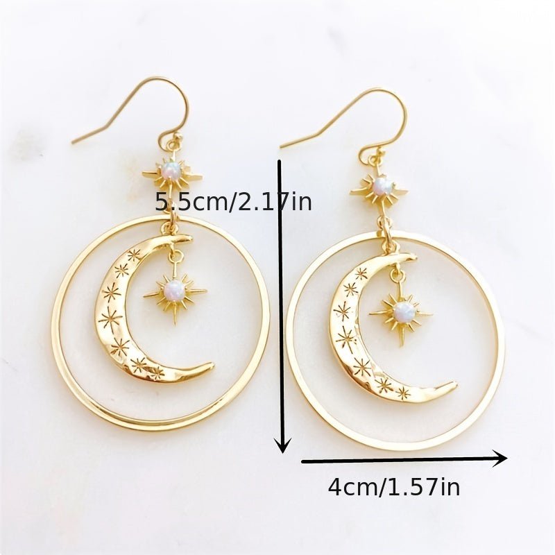 Elegant Boho - Chic Golden - Tone Moonstone Dangle Earrings for Women - Crescent Moon with Star Motifs, Zinc Alloy, Perfect for Daily Wear & Parties, Moon Earrings - Kenner House Emporium