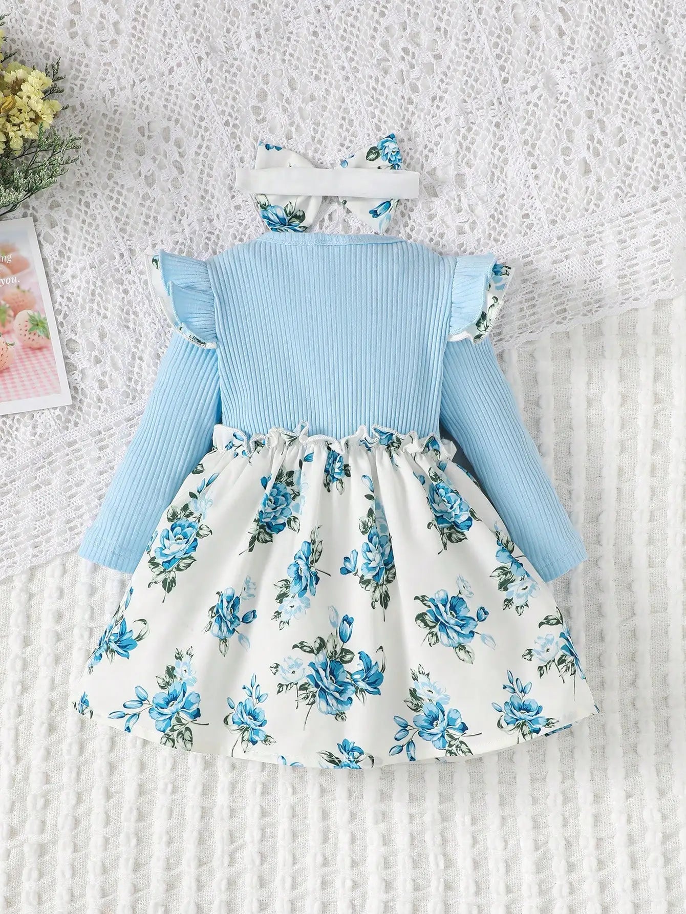 New Baby Girl Spring And Autumn Simple Daily Flower Print Long Sleeved Big Bow Cute Dress Headband - Kenner House Emporium