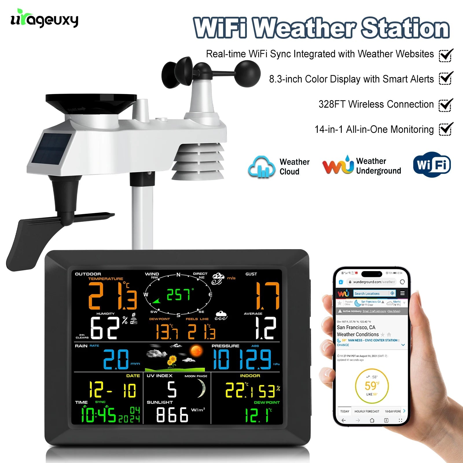 WiFi Weather Station 14 - in - 1 Wireless with Color Display Real - Time Sync to Weather Underground 100m Range Smart Home Sensor - Kenner House Emporium