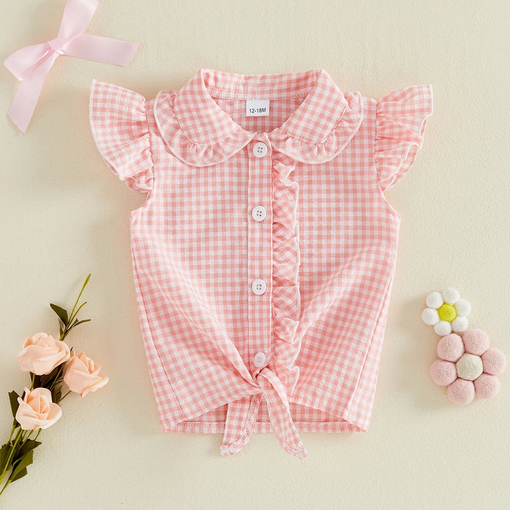 Toddler Clothes Baby Girl Summer Shirts Cute Plaid Solid Color Flying Sleeve Button Down Tops Children's Clothing - Kenner House Emporium
