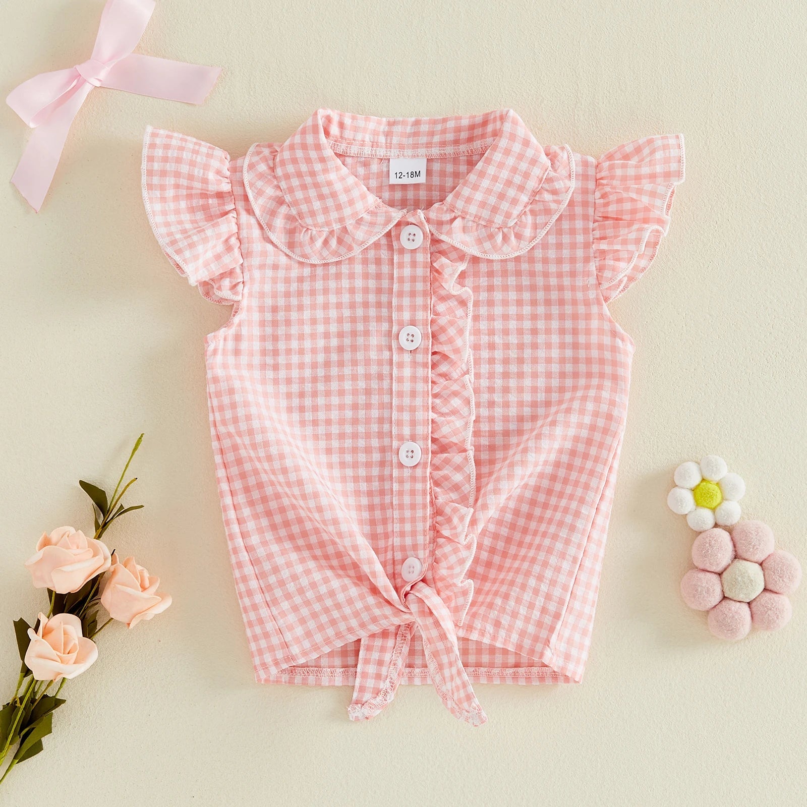Toddler Clothes Baby Girl Summer Shirts Cute Plaid Solid Color Flying Sleeve Button Down Tops Children's Clothing - Kenner House Emporium