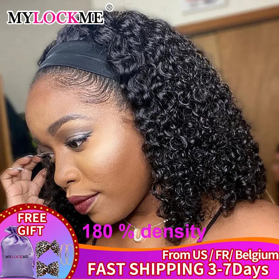 Headband Wig Human Hair Kinky Curly MYLOCKME No Glue Full Machine Made Brazilian Remy Human Hair Wigs For Women 180% Density - Kenner House Emporium