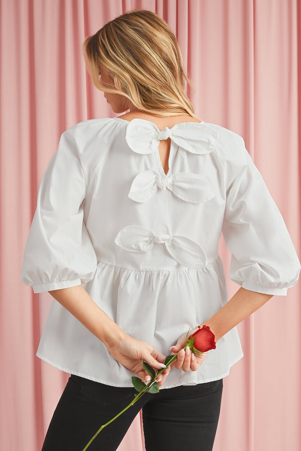 White Bow Knot Cutout Back Loose Fit 3/4 Sleeve Blouse - Kenner House Emporium