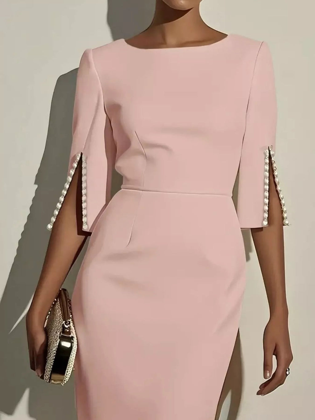 Slim - Fit Elegant Midi Dress with Beaded Slit Sleeve - Kenner House Emporium