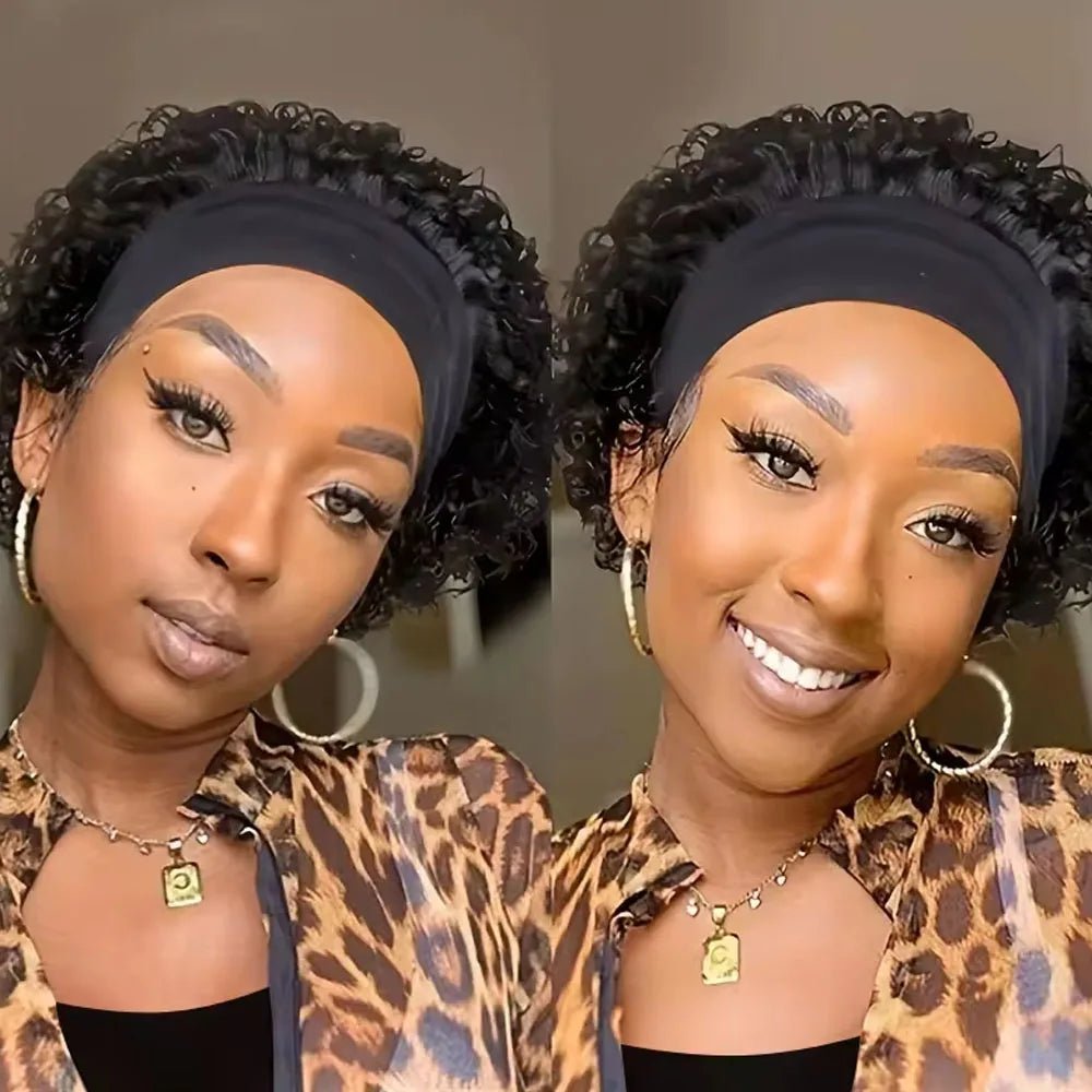 Headband Wig Human Hair Curly Hair Wig Short Hair Wigs for Women Pixie Cut machine made Human Hair Wig Black Wig African Style - Kenner House Emporium