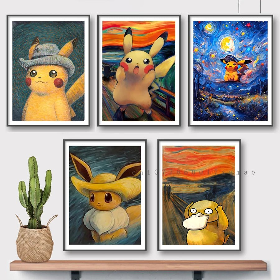 Pokmon Anime Character Pikachu Posters Van Gogh Museum Watercolor Canvas With HD Printed Wall art Pictures For Living Room Gifts - Kenner House Emporium