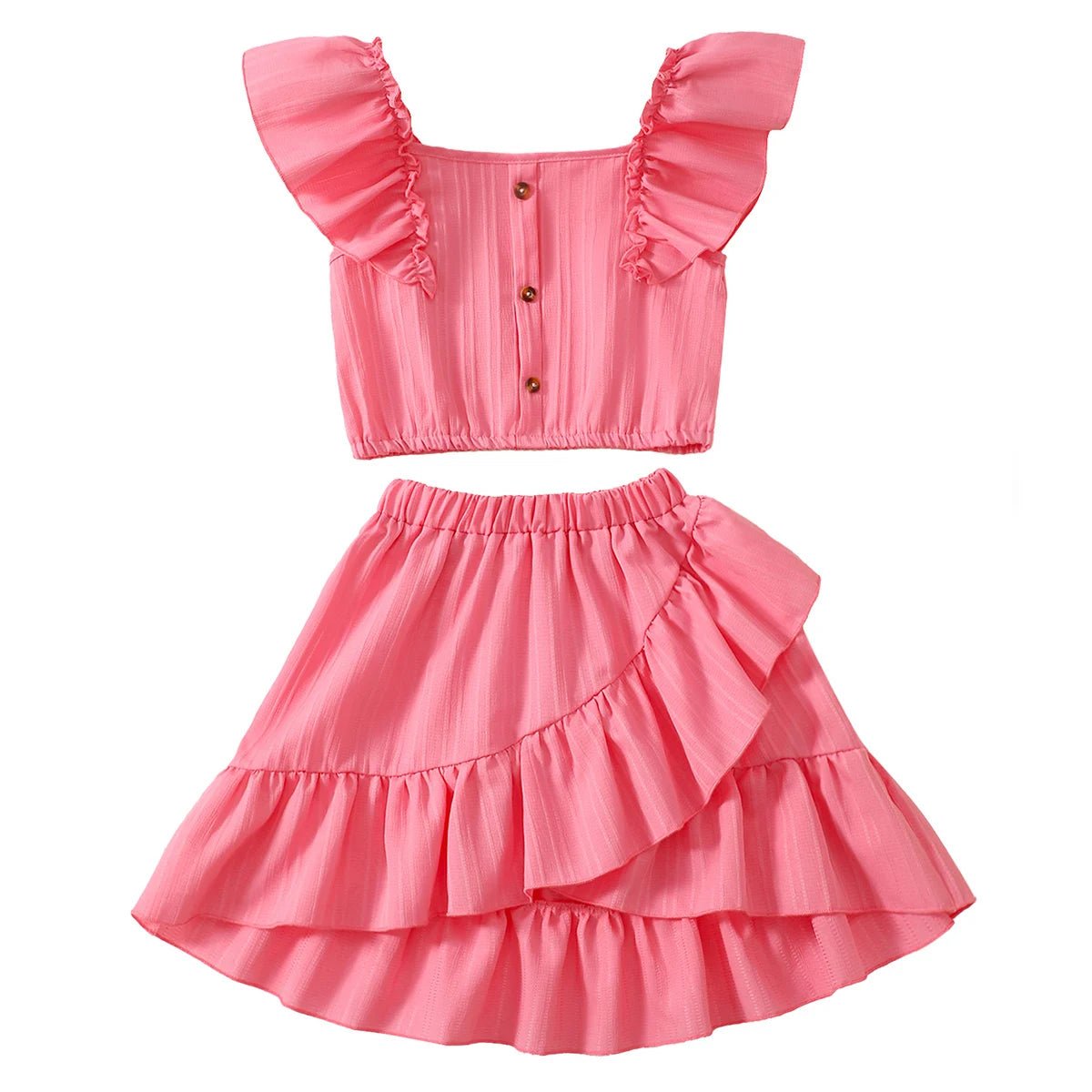 Kid Girls Summer Princess Clothing Set Flutter Sleeve Plain Color Tops+Short Skirt Sweet Style Party Wear For Child 8 - 12 Years - Kenner House Emporium