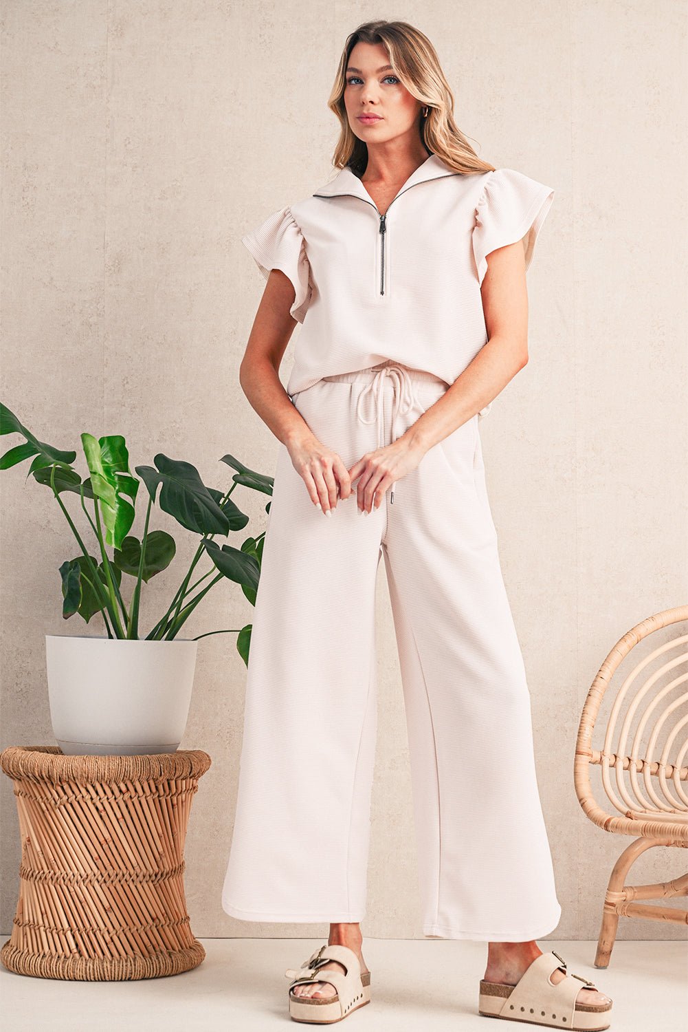 Apricot Textured Ruffle Sleeve Zipped Top and Wide Leg Pants Set - Kenner House Emporium