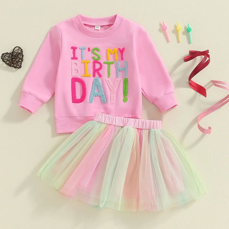 Kids Girls 2 - piece Spring Autumn Outfit Long Sleeve Embroidery Letters Sweatshirt with Tulle Skirt Birthday Clothes - Kenner House Emporium