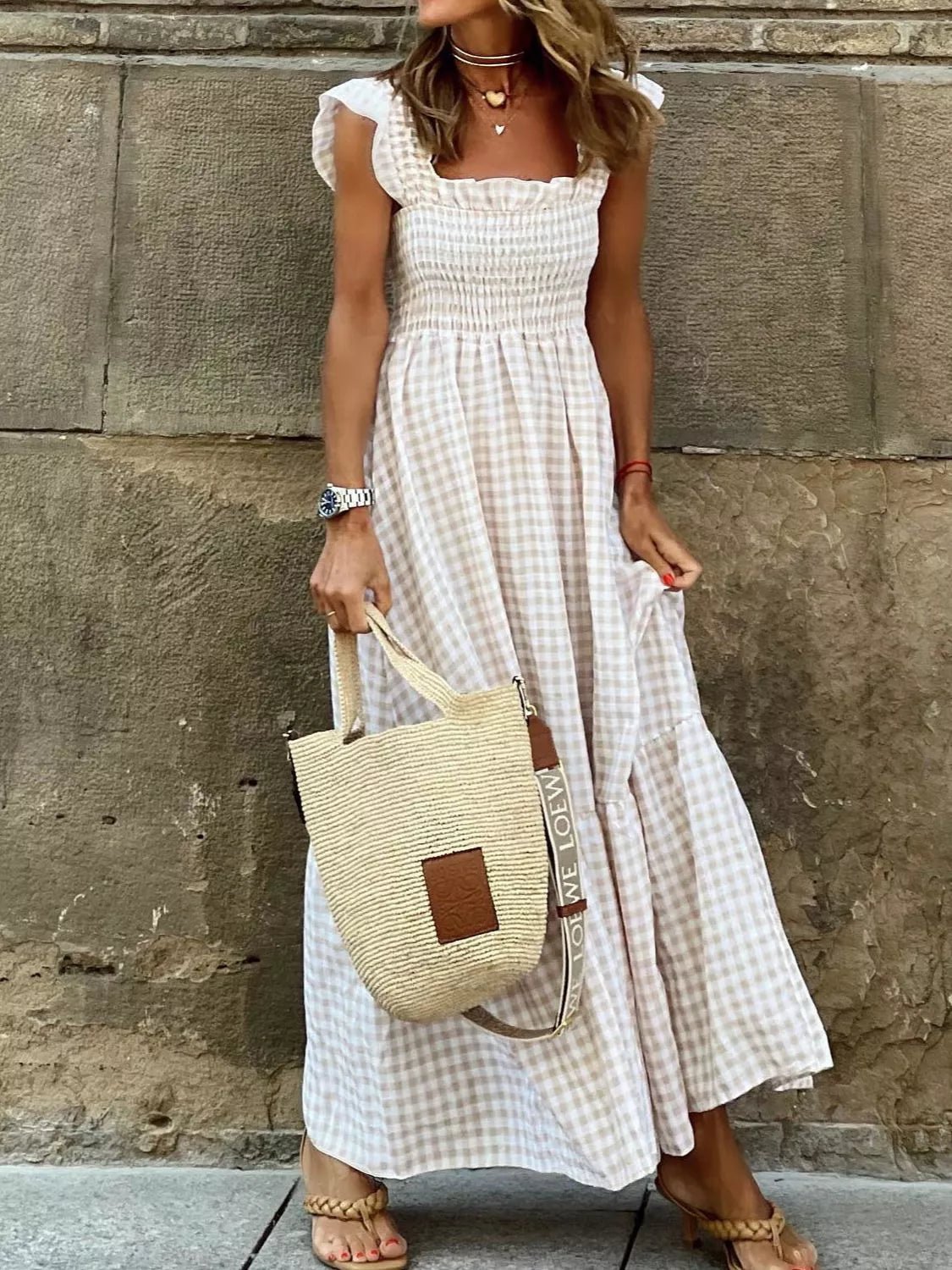 Full Size Gingham Smocked Ruffle Maxi Dress Plus Size - Kenner House Emporium