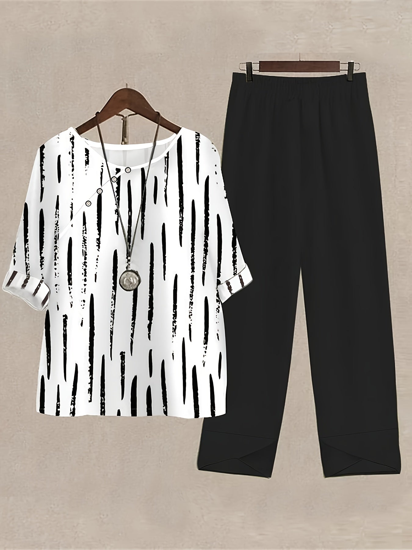 Casual Spring & Summer Two - piece Set, Button Decor Color Block Crew Neck Short Sleeve Top & Solid Pants Outfits, Women's Clothing - Kenner House Emporium