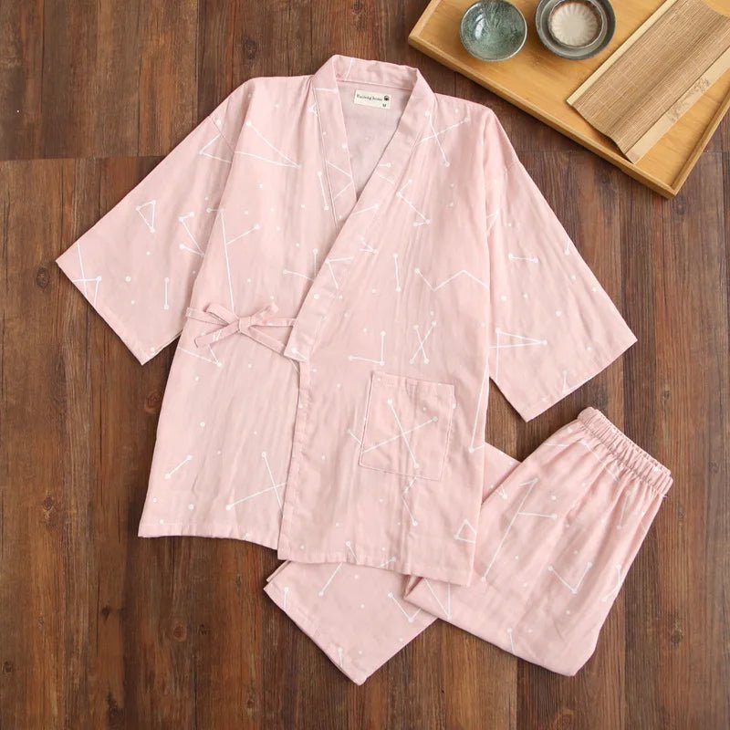 2023 Japanese - style kimono pajamas set seven - sleeve female spring and autumn 100% cotton gauze home clothes cute sweet 2 - piece - Kenner House Emporium