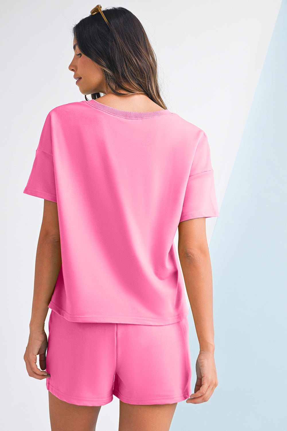 Bonbon V Neck Drop Shoulder Tee and Patchwork Shorts Set - Kenner House Emporium