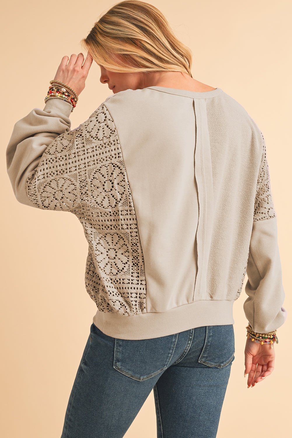 Parchment Crochet Patchwork Exposed Seam Ribbed Trim Sweatshirt - Kenner House Emporium