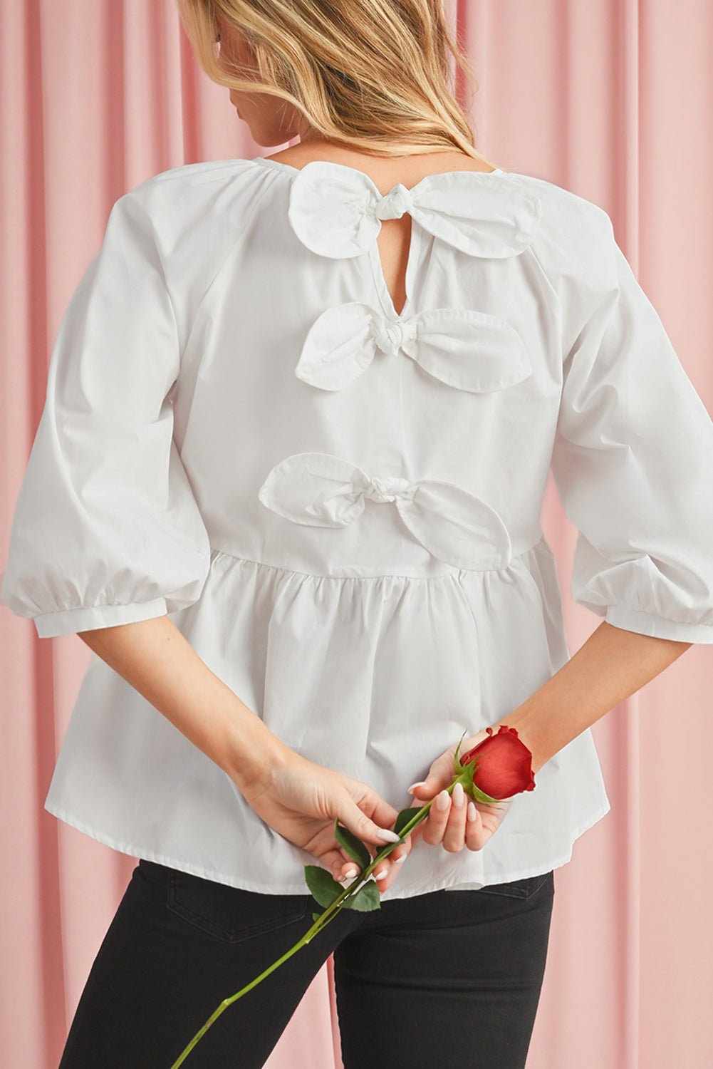 White Bow Knot Cutout Back Loose Fit 3/4 Sleeve Blouse - Kenner House Emporium