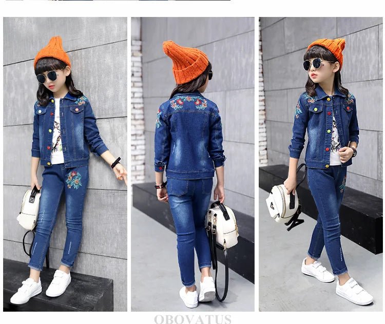 Fashion Kids Girl Denim 2 Piece Set Jacket and Jeans Embroidery Flower Jeans Jacket and Pants Set Child Vintage Spring Clothes - Kenner House Emporium