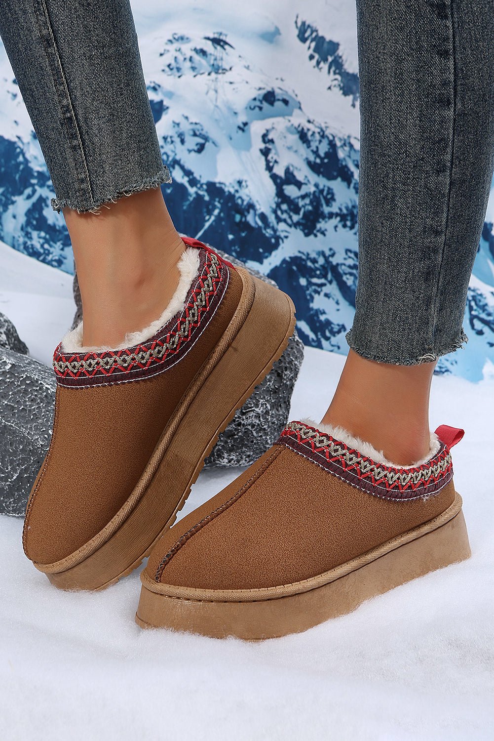 Chestnut Suede Contrast Print Round Toe Plush Lined Flats - Kenner House Emporium