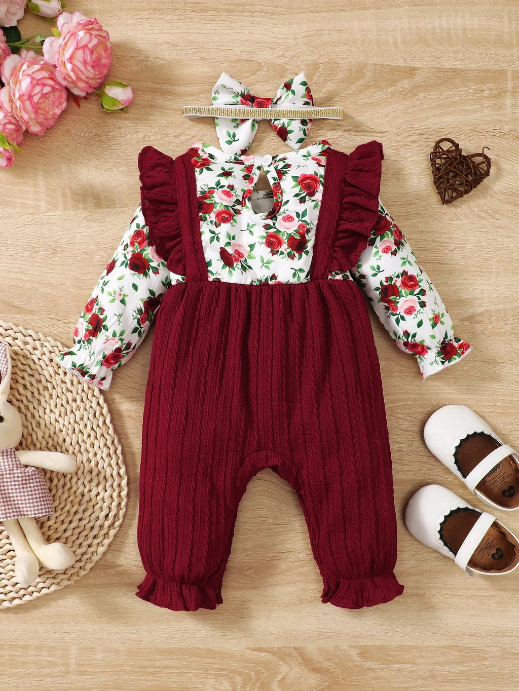0 - 18 Months Newborn Baby Girl Romper Cute Floral Long Sleeve with Bow Bodysuit+Headband Infant Girl Spring&Autumn Jumpsuit - Kenner House Emporium