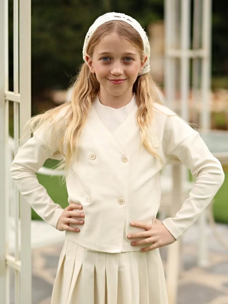Elegant Cardigan Children Girl Coats Tops 2026 Spring Summer Thin Fashion Kids Girls Jacket Blazer V - Neck Long Sleeves Clothing - Kenner House Emporium