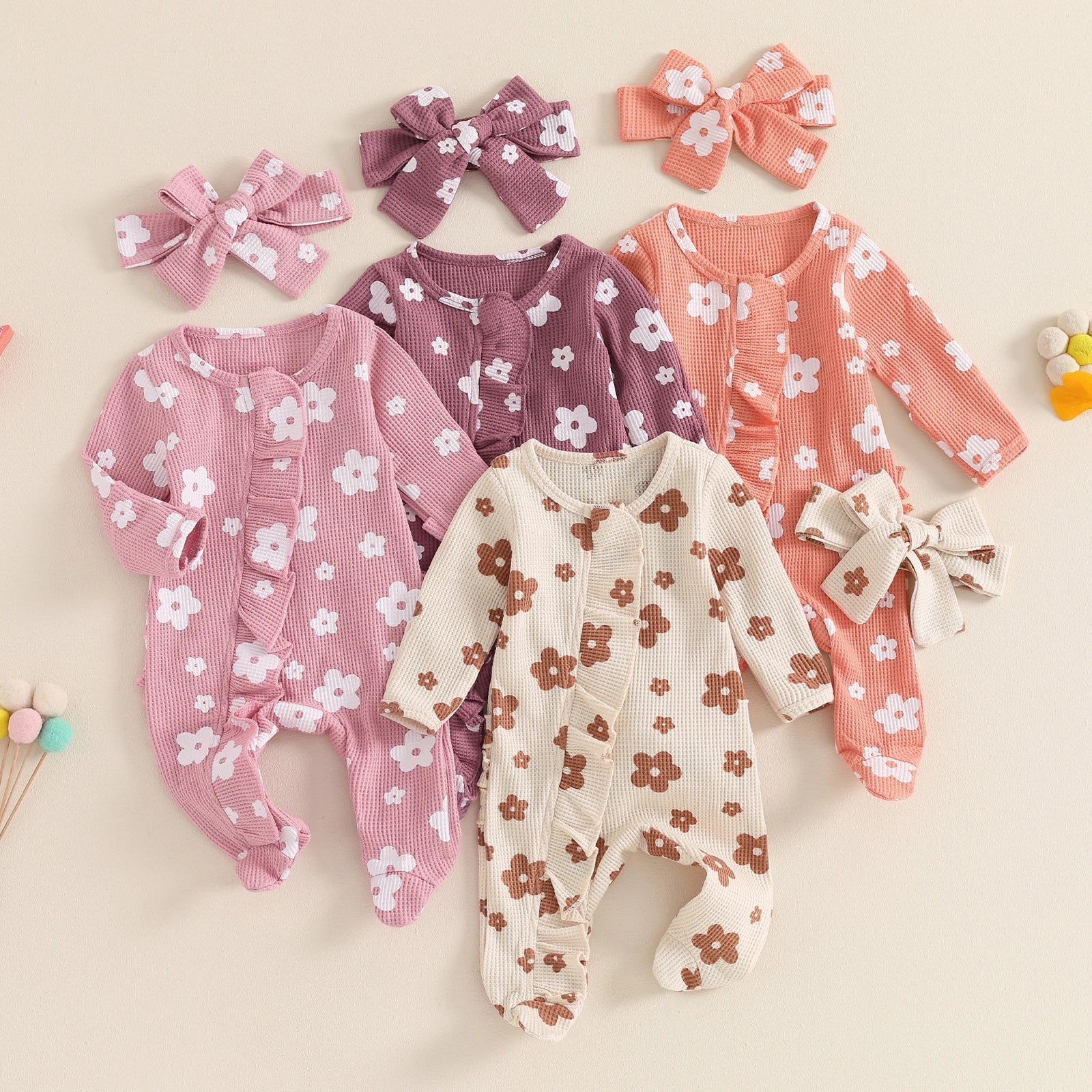 Toddler Baby Girls Floral Footies Jumpsuit and Headband Children Cotton Long Sleeve Frills Zipped Autumn Spring Kids Clothes - Kenner House Emporium