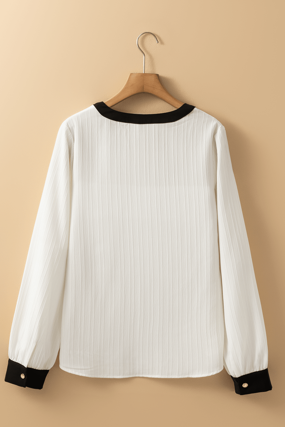 White Colorblock Edge Long Sleeve V Neck Textured Blouse - Kenner House Emporium