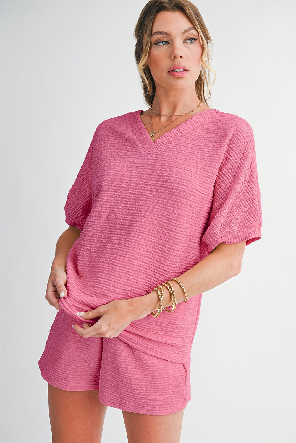 Pink Textured V Neck T Shirt and Shorts Set - Kenner House Emporium
