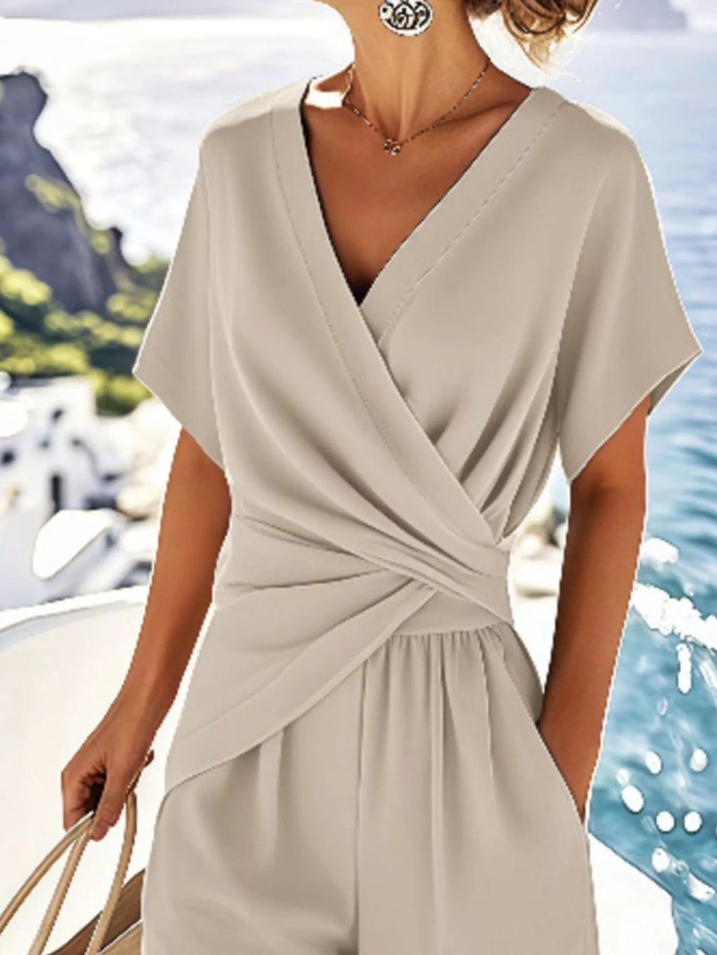 Full Size Surplice Short Sleeve Top and Pants Set Plus Size - Kenner House Emporium