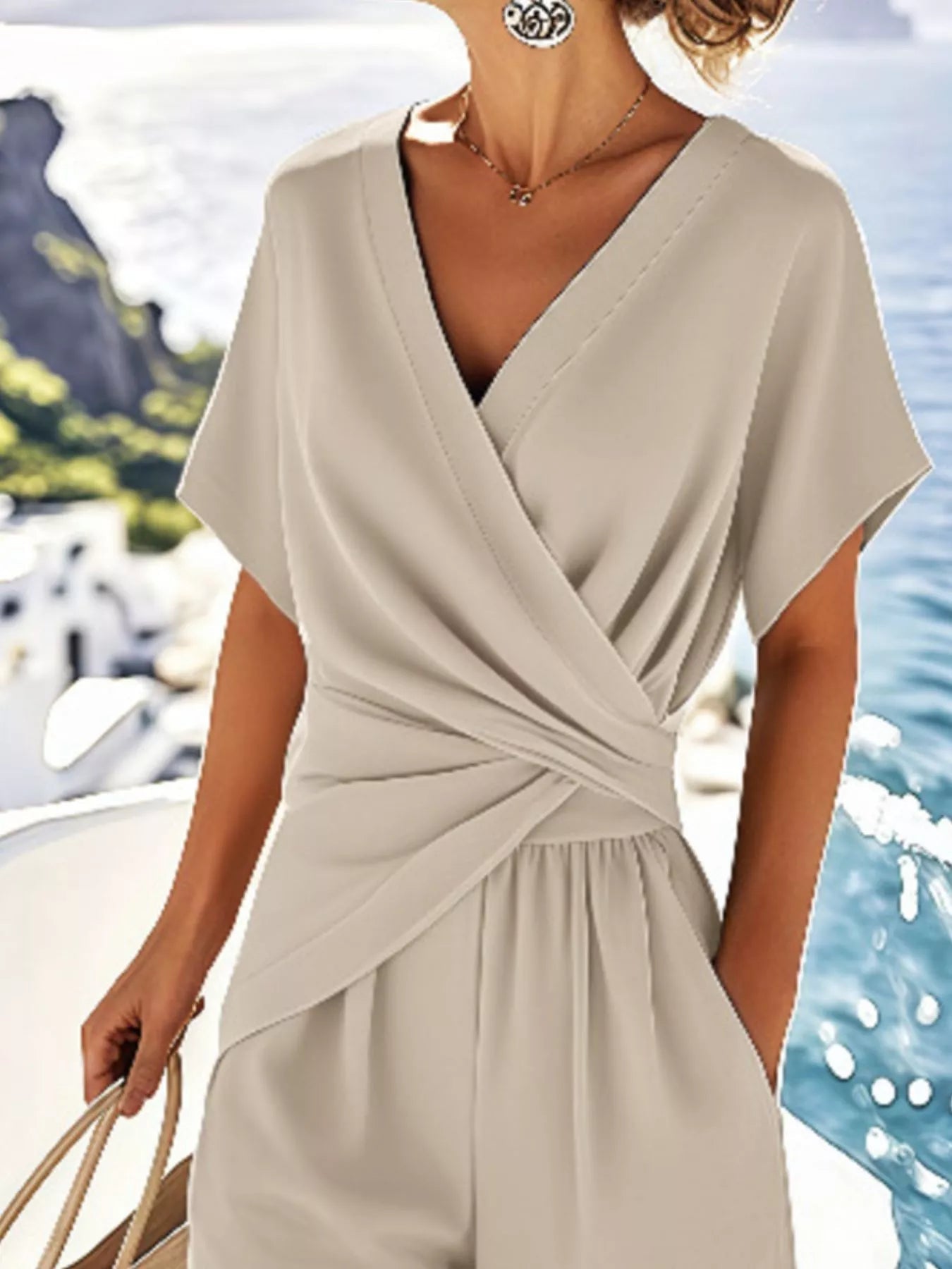 Full Size Surplice Short Sleeve Top and Pants Set Plus Size - Kenner House Emporium