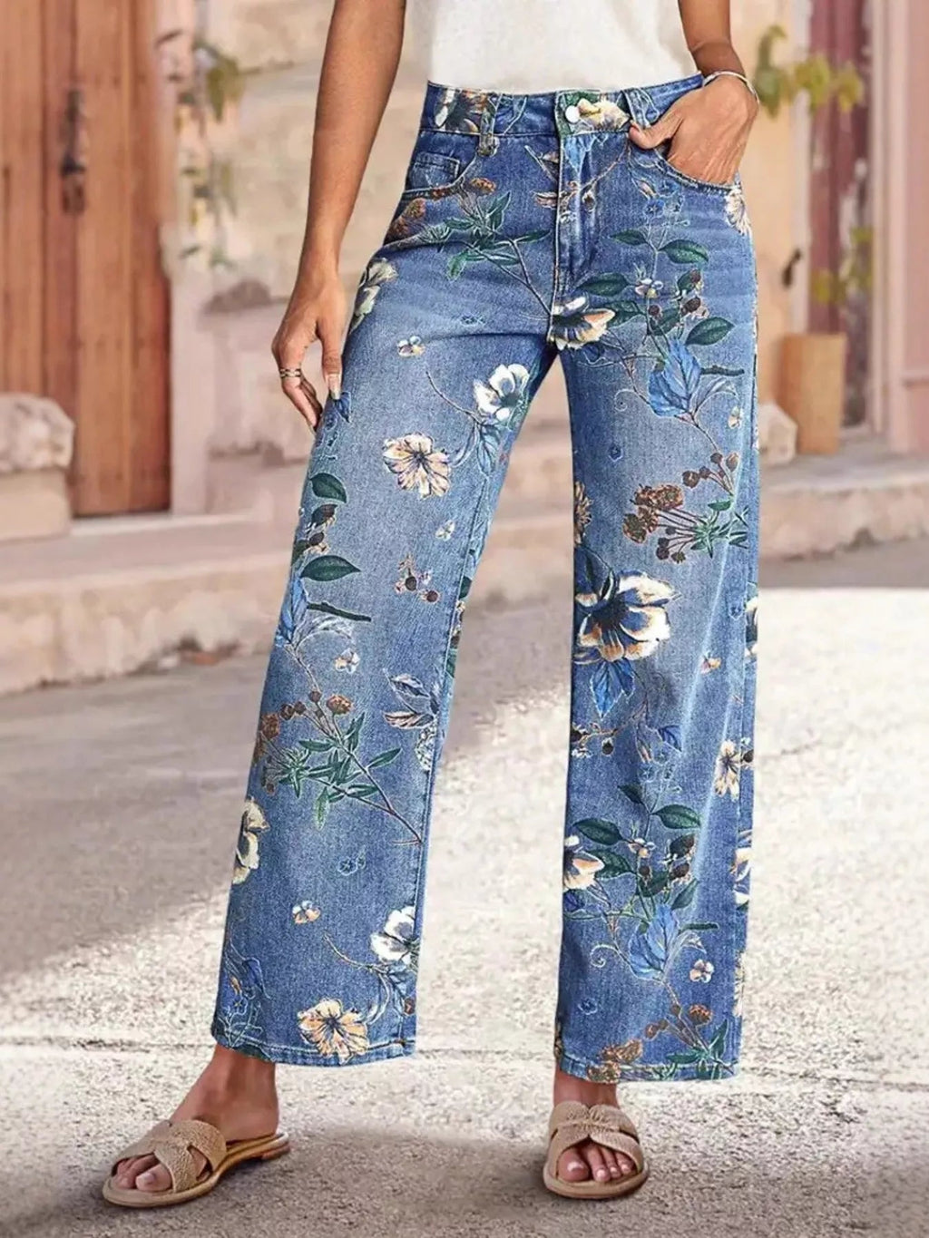 Floral Print Wide Leg Jeans - Kenner House Emporium