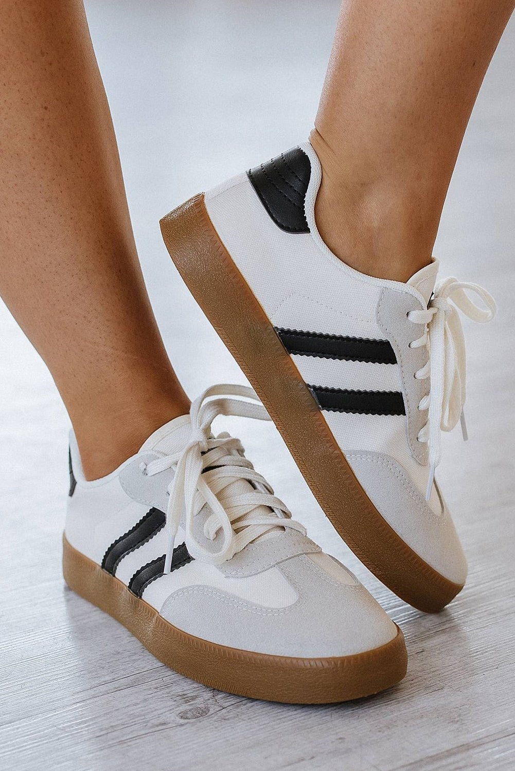 White Striped Lace Up Flat Sneakers - Kenner House Emporium