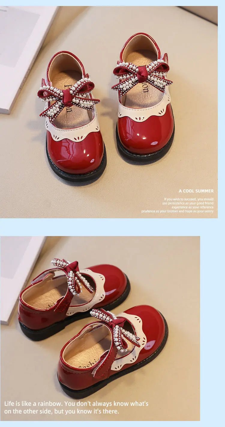 2024 Spring Summer Girl's Shoes Beading Bow - tie Baby Girl Shoes Crystal Princess Dress Shoes Bordered Children Footwear F02262 - Kenner House Emporium