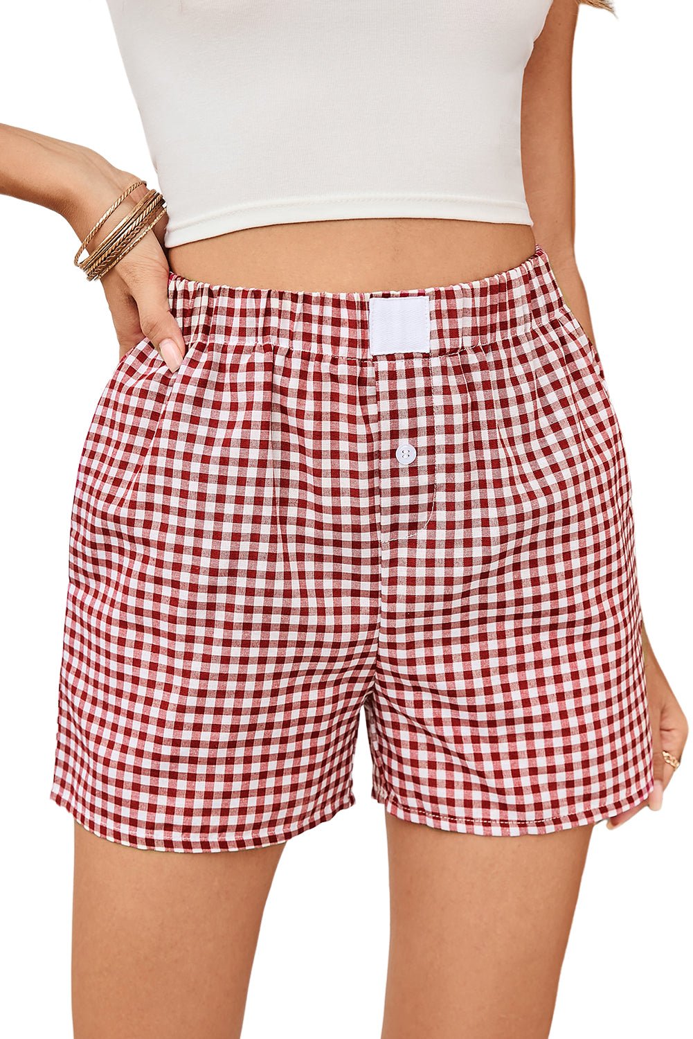 Red Vintage Plaid Print High Waisted Loose Wide Leg Shorts - Kenner House Emporium