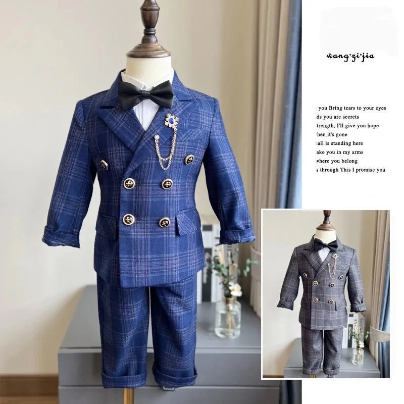Child Spring Autumn Plaid Luxury Suit Set Boys Birthday Performance Photo Wedding Party Costume Kids Tuxedo Vest Pants Clothes - Kenner House Emporium
