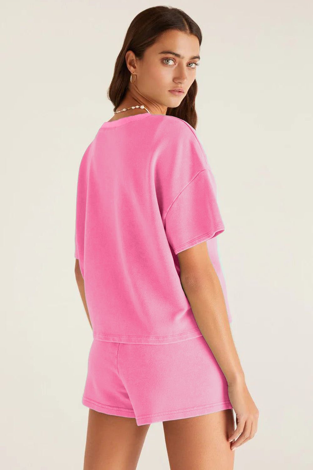 Bonbon V Neck Drop Shoulder Tee and Patchwork Shorts Set - Kenner House Emporium