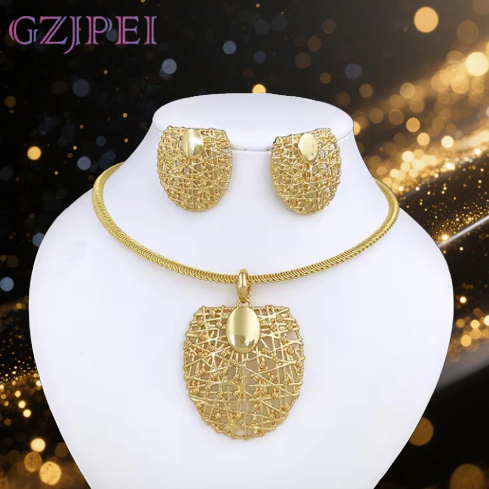 Gold Color Necklace Earrings Set For Women Unique Choker Pendant Earrings 3Pcs Set Jewelry Quality Accessories - Kenner House Emporium