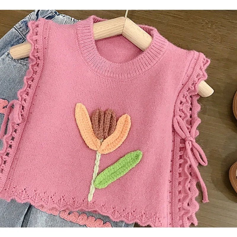 Children's Clothing sets 2 - 7 Years Pink Knitted Waistcoat + Jeans Summer Outfit Toddler Infant Clothing Set Kids Wear - Kenner House Emporium