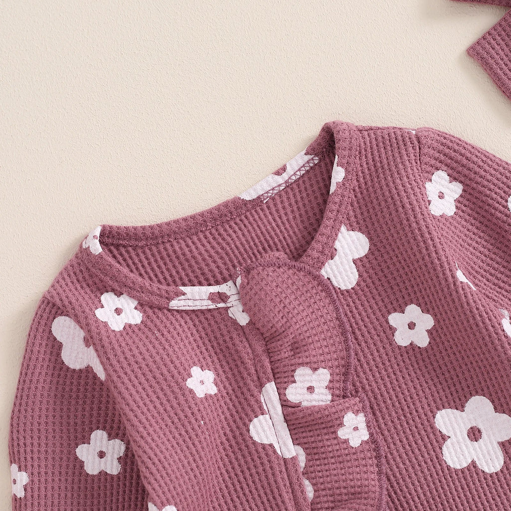 Toddler Baby Girls Floral Footies Jumpsuit and Headband Children Cotton Long Sleeve Frills Zipped Autumn Spring Kids Clothes - Kenner House Emporium