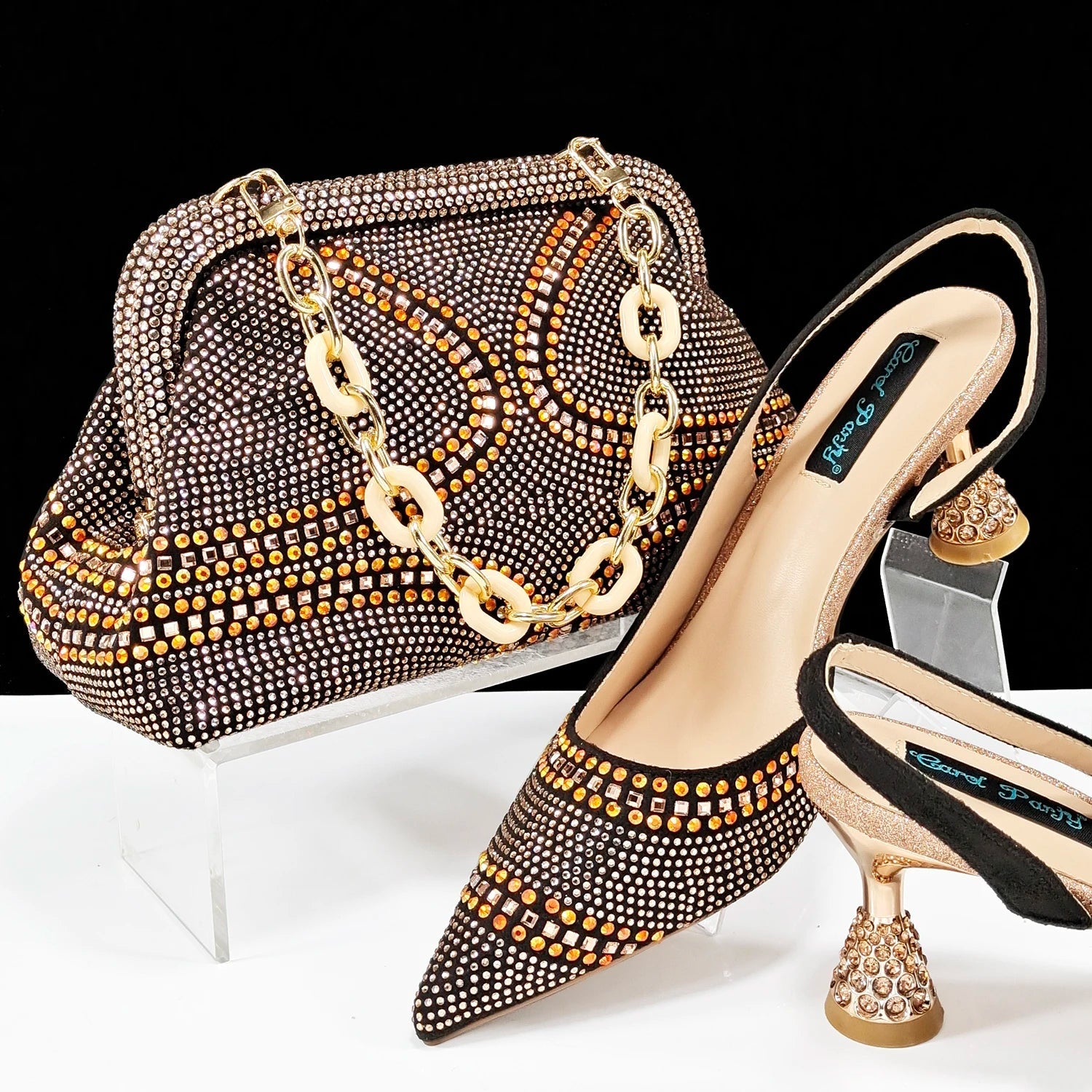 QSGFC New Italian Pumps and Bag To Party 2024 INS Style Pointed - Toe Rhinestone Elegant High Heels Champagne Wedge for Women - Kenner House Emporium