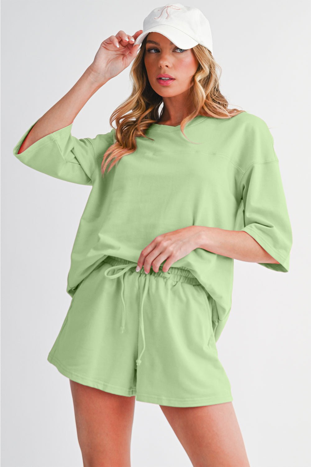 Meadow Mist Green Loose V Neck Tee and Drawstring Shorts Set - Kenner House Emporium