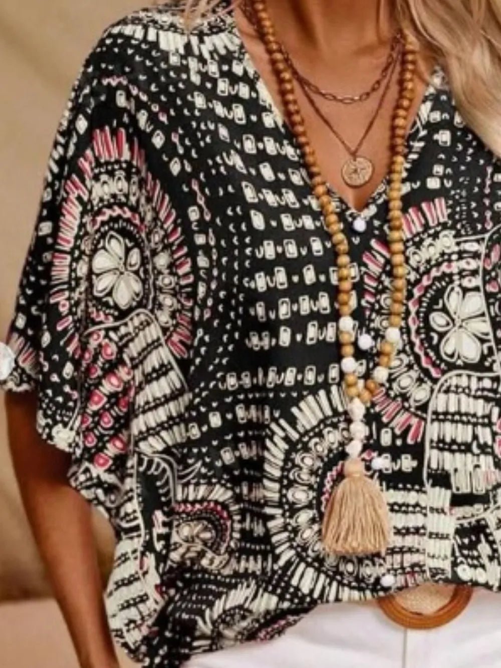 Printed V - Neck Half Sleeve Top - Kenner House Emporium
