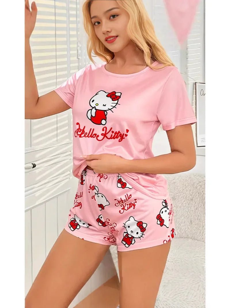 HelloKitty Women's Short Sleeve Pajama Set - Cartoon Graphic Spring/Fall Homewear Cozy Pink Sleepwear & Loungewear Lightweight - Kenner House Emporium