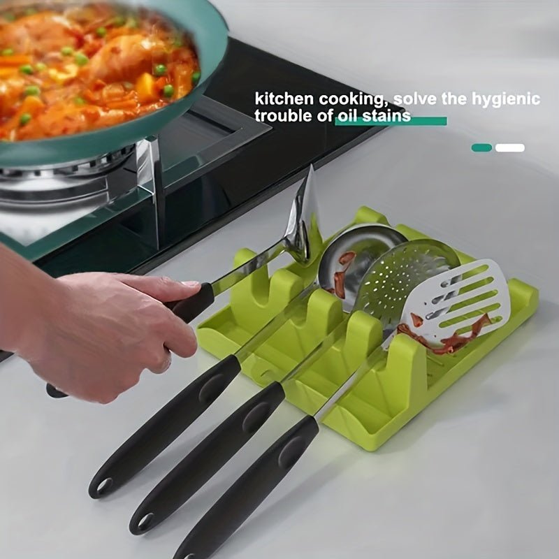 1pc White/Green Kitchen Utensil Holder with 4 Slots, Multi - Functional Stove Utensil Organizer, Smooth Plastic Easy - to - Clean Design with Hanging Hole for Drying, Raised Edge Anti - Spill Design, Suitable for Spatulas, Ladles, Ch - Kenner House Emporium