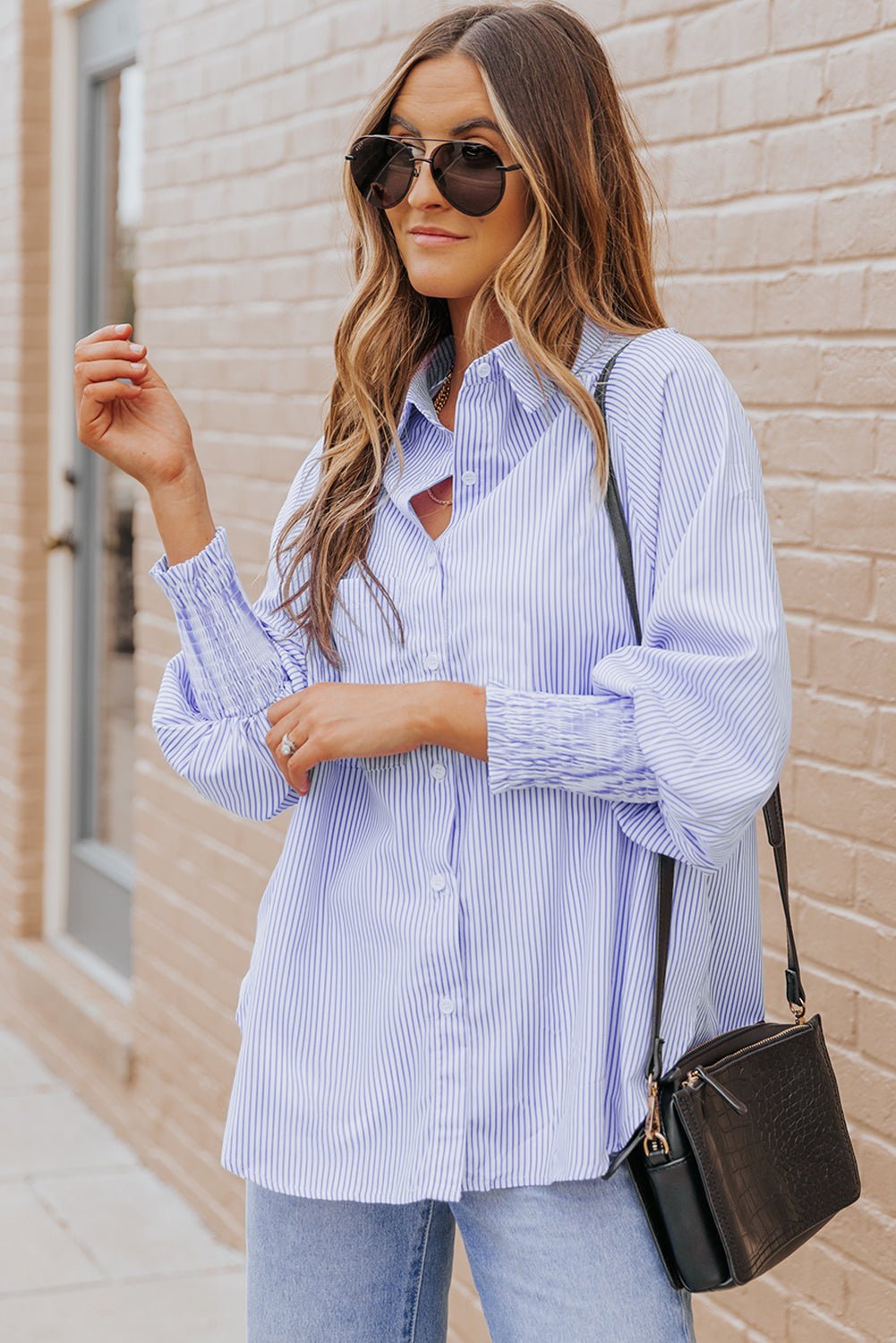 Light Blue Casual Striped Shirred Cuffs Shirt - Kenner House Emporium