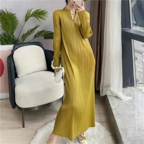 Pleated Dress Women's Long Sleeve Spring and Autumn 2023 New V - Neck Bottom Skirt Slim Fit Long Dress - Kenner House Emporium