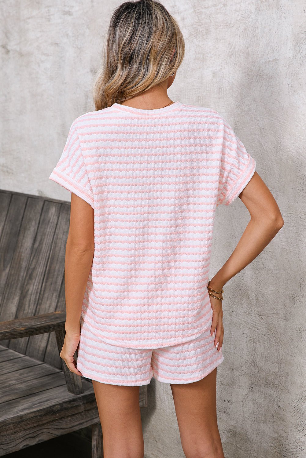 Pink Striped Print Short Sleeve Top and Pocket Shorts Set - Kenner House Emporium