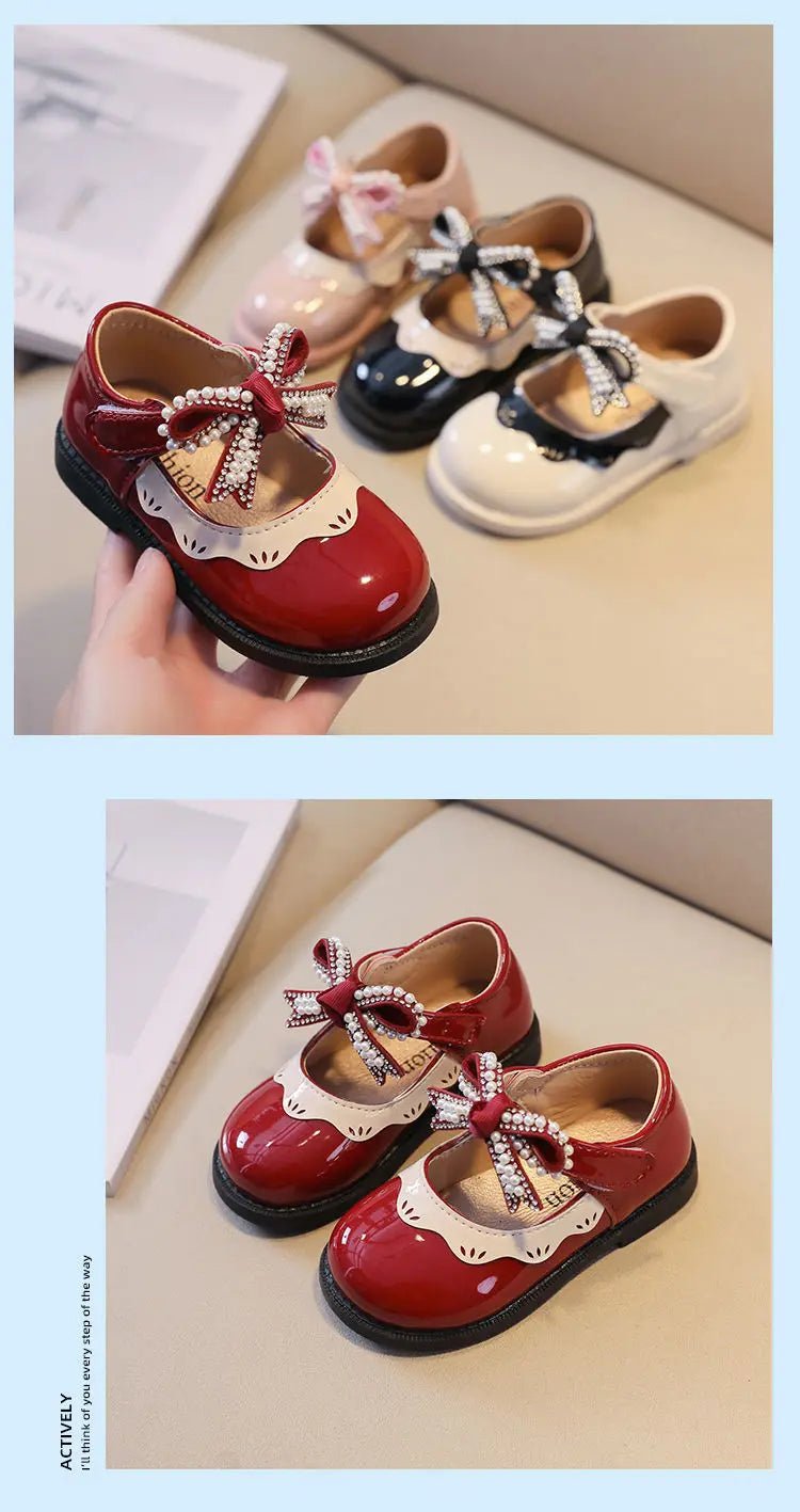 2024 Spring Summer Girl's Shoes Beading Bow - tie Baby Girl Shoes Crystal Princess Dress Shoes Bordered Children Footwear F02262 - Kenner House Emporium